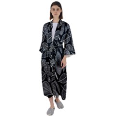 Leaves Flora Black White Nature Maxi Satin Kimono by Maspions