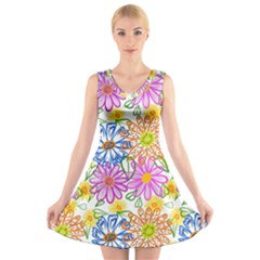 Bloom Flora Pattern Printing V-neck Sleeveless Dress