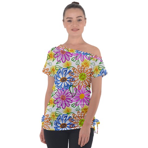 Bloom Flora Pattern Printing Off Shoulder Tie-up T-shirt by Maspions