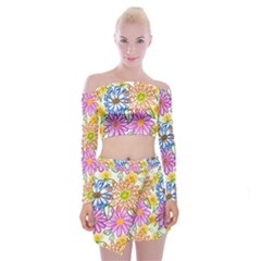 Bloom Flora Pattern Printing Off Shoulder Top With Mini Skirt Set