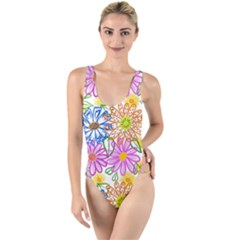 Bloom Flora Pattern Printing High Leg Strappy Swimsuit