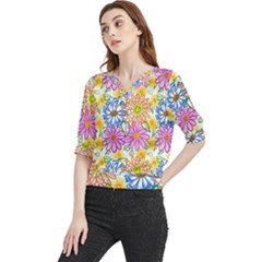 Bloom Flora Pattern Printing Quarter Sleeve Blouse