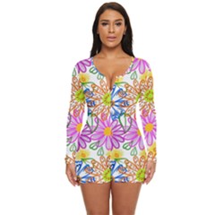 Bloom Flora Pattern Printing Long Sleeve Boyleg Swimsuit