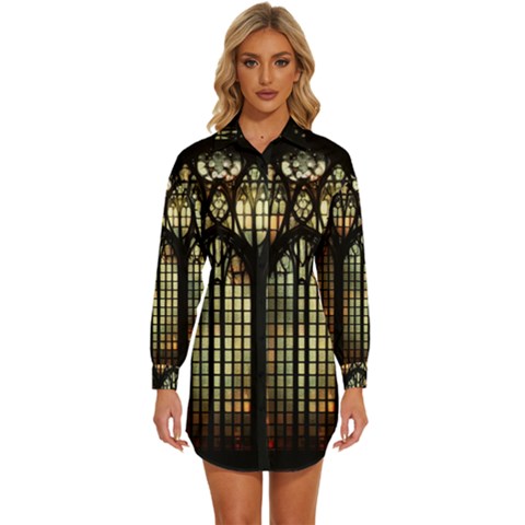 Stained Glass Window Gothic Womens Long Sleeve Shirt Dress by Maspions