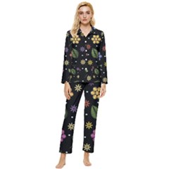 Embroidery Seamless Pattern With Flowers Womens  Long Sleeve Velvet Pocket Pajamas Set