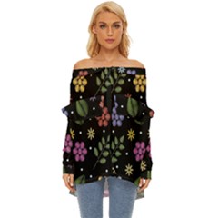 Embroidery Seamless Pattern With Flowers Off Shoulder Chiffon Pocket Shirt by Apen