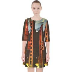 Sci-fi Futuristic Science Fiction City Neon Scene Artistic Technology Machine Fantasy Gothic Town Bu Quarter Sleeve Pocket Dress