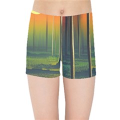 Outdoors Night Moon Full Moon Trees Setting Scene Forest Woods Light Moonlight Nature Wilderness Lan Kids  Sports Shorts by Posterlux