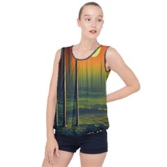 Outdoors Night Moon Full Moon Trees Setting Scene Forest Woods Light Moonlight Nature Wilderness Lan Bubble Hem Chiffon Tank Top by Posterlux