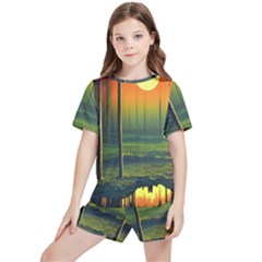 Outdoors Night Moon Full Moon Trees Setting Scene Forest Woods Light Moonlight Nature Wilderness Lan Kids  T-shirt And Sports Shorts Set by Posterlux