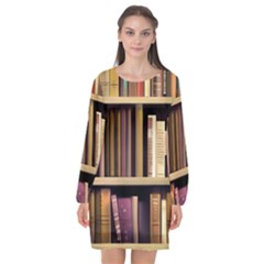 Books Bookshelves Office Fantasy Background Artwork Book Cover Apothecary Book Nook Literature Libra Long Sleeve Chiffon Shift Dress 