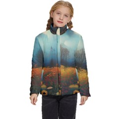 Wildflowers Field Outdoors Clouds Trees Cover Art Storm Mysterious Dream Landscape Kids  Puffer Bubble Jacket Coat by Posterlux