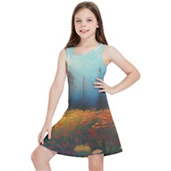 Wildflowers Field Outdoors Clouds Trees Cover Art Storm Mysterious Dream Landscape Kids  Lightweight Sleeveless Dress by Posterlux