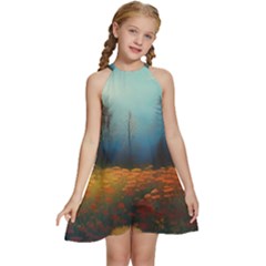 Wildflowers Field Outdoors Clouds Trees Cover Art Storm Mysterious Dream Landscape Kids  Halter Collar Waist Tie Chiffon Dress by Posterlux