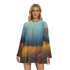 Wildflowers Field Outdoors Clouds Trees Cover Art Storm Mysterious Dream Landscape Round Neck Long Sleeve Bohemian Style Chiffon Mini Dress by Posterlux