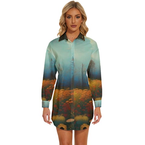 Wildflowers Field Outdoors Clouds Trees Cover Art Storm Mysterious Dream Landscape Womens Long Sleeve Shirt Dress by Posterlux