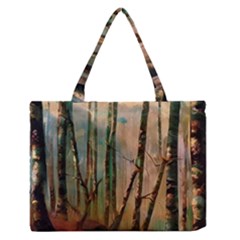 Woodland Woods Forest Trees Nature Outdoors Mist Moon Background Artwork Book Zipper Medium Tote Bag by Posterlux