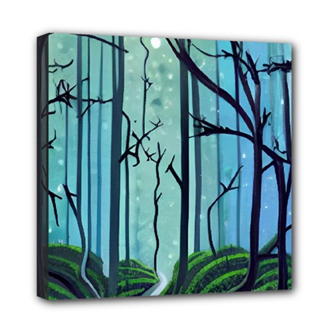Nature Outdoors Night Trees Scene Forest Woods Light Moonlight Wilderness Stars Mini Canvas 8  X 8  (stretched) by Posterlux