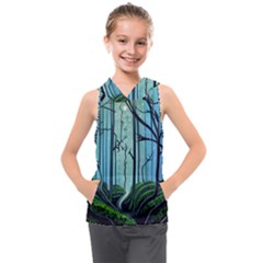 Nature Outdoors Night Trees Scene Forest Woods Light Moonlight Wilderness Stars Kids  Sleeveless Hoodie by Posterlux