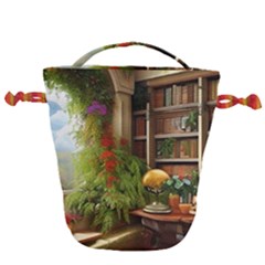 Room Interior Library Books Bookshelves Reading Literature Study Fiction Old Manor Book Nook Reading Drawstring Bucket Bag by Posterlux