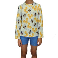 Bees Pattern Honey Bee Bug Honeycomb Honey Beehive Kids  Long Sleeve Swimwear by Bedest