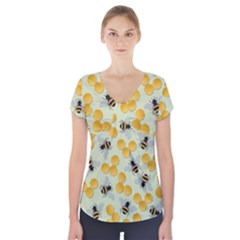 Bees Pattern Honey Bee Bug Honeycomb Honey Beehive Short Sleeve Front Detail Top