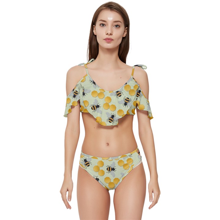 Bees Pattern Honey Bee Bug Honeycomb Honey Beehive Ruffle Edge Tie Up Bikini Set	