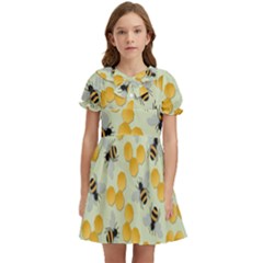 Bees Pattern Honey Bee Bug Honeycomb Honey Beehive Kids  Bow Tie Puff Sleeve Dress