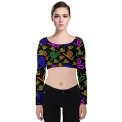 Pattern Repetition Snail Blue Velvet Long Sleeve Crop Top