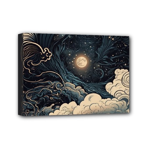 Starry Sky Moon Space Cosmic Galaxy Nature Art Clouds Art Nouveau Abstract Mini Canvas 7  X 5  (stretched)
