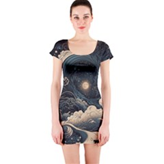 Starry Sky Moon Space Cosmic Galaxy Nature Art Clouds Art Nouveau Abstract Short Sleeve Bodycon Dress by Posterlux