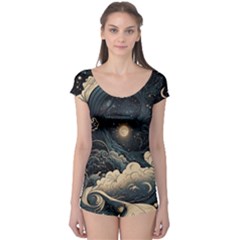 Starry Sky Moon Space Cosmic Galaxy Nature Art Clouds Art Nouveau Abstract Boyleg Leotard  by Posterlux