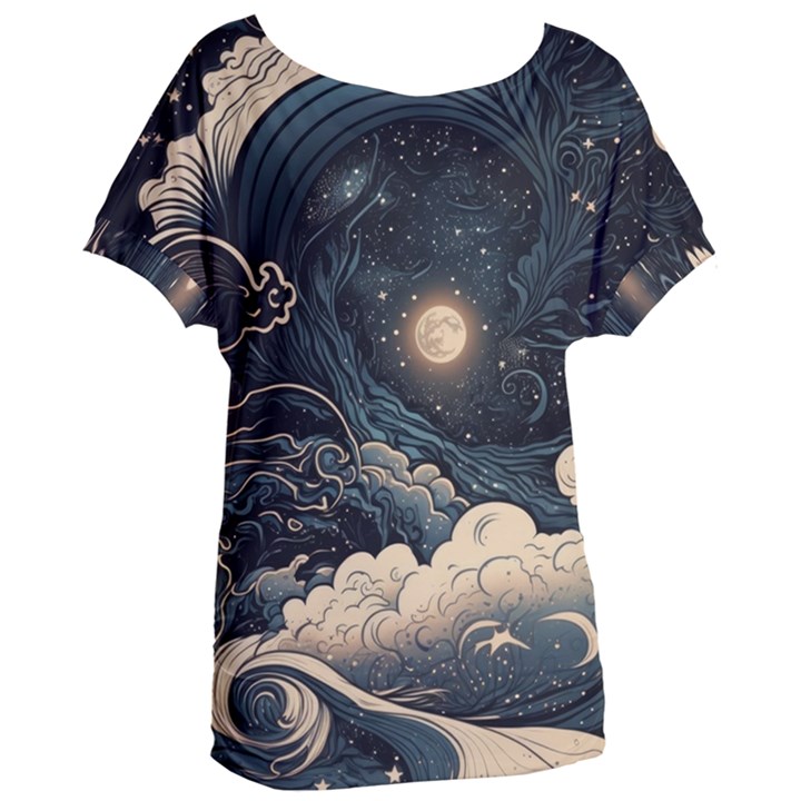 Starry Sky Moon Space Cosmic Galaxy Nature Art Clouds Art Nouveau Abstract Women s Oversized T-Shirt