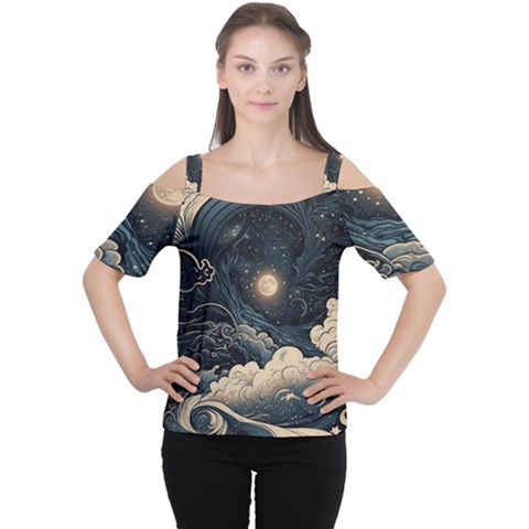 Starry Sky Moon Space Cosmic Galaxy Nature Art Clouds Art Nouveau Abstract Cutout Shoulder T-shirt by Posterlux