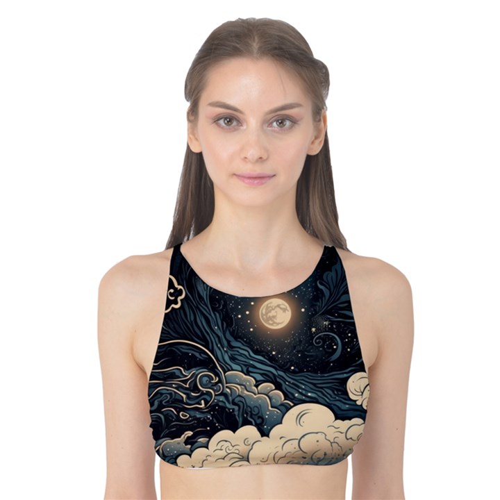 Starry Sky Moon Space Cosmic Galaxy Nature Art Clouds Art Nouveau Abstract Tank Bikini Top