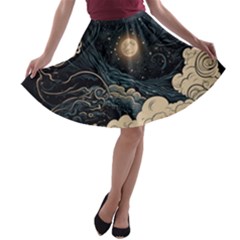 Starry Sky Moon Space Cosmic Galaxy Nature Art Clouds Art Nouveau Abstract A-line Skater Skirt