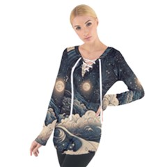 Starry Sky Moon Space Cosmic Galaxy Nature Art Clouds Art Nouveau Abstract Tie Up T-shirt