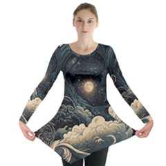 Starry Sky Moon Space Cosmic Galaxy Nature Art Clouds Art Nouveau Abstract Long Sleeve Tunic  by Posterlux