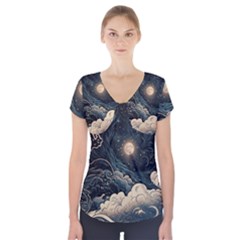 Starry Sky Moon Space Cosmic Galaxy Nature Art Clouds Art Nouveau Abstract Short Sleeve Front Detail Top by Posterlux