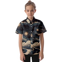 Starry Sky Moon Space Cosmic Galaxy Nature Art Clouds Art Nouveau Abstract Kids  Short Sleeve Shirt by Posterlux