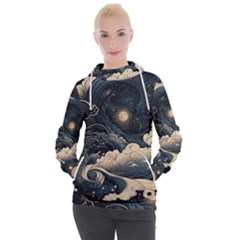 Starry Sky Moon Space Cosmic Galaxy Nature Art Clouds Art Nouveau Abstract Women s Hooded Pullover by Posterlux