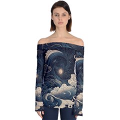 Starry Sky Moon Space Cosmic Galaxy Nature Art Clouds Art Nouveau Abstract Off Shoulder Long Sleeve Top by Posterlux