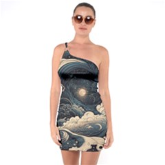 Starry Sky Moon Space Cosmic Galaxy Nature Art Clouds Art Nouveau Abstract One Shoulder Ring Trim Bodycon Dress by Posterlux