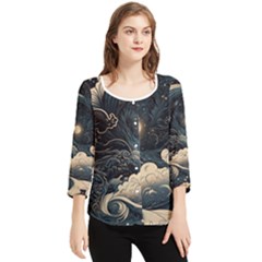Starry Sky Moon Space Cosmic Galaxy Nature Art Clouds Art Nouveau Abstract Chiffon Quarter Sleeve Blouse by Posterlux