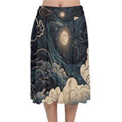 Starry Sky Moon Space Cosmic Galaxy Nature Art Clouds Art Nouveau Abstract Velvet Flared Midi Skirt by Posterlux