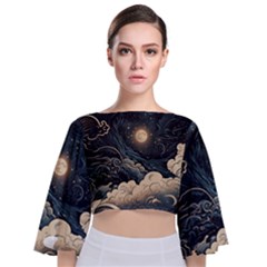 Starry Sky Moon Space Cosmic Galaxy Nature Art Clouds Art Nouveau Abstract Tie Back Butterfly Sleeve Chiffon Top by Posterlux