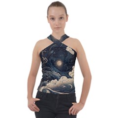 Starry Sky Moon Space Cosmic Galaxy Nature Art Clouds Art Nouveau Abstract Cross Neck Velour Top by Posterlux