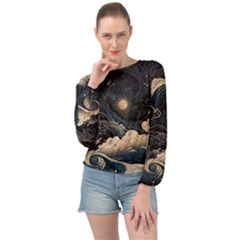 Starry Sky Moon Space Cosmic Galaxy Nature Art Clouds Art Nouveau Abstract Banded Bottom Chiffon Top by Posterlux