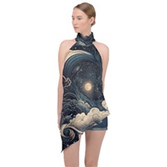 Starry Sky Moon Space Cosmic Galaxy Nature Art Clouds Art Nouveau Abstract Halter Asymmetric Satin Top by Posterlux