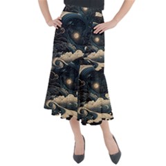 Starry Sky Moon Space Cosmic Galaxy Nature Art Clouds Art Nouveau Abstract Midi Mermaid Skirt by Posterlux